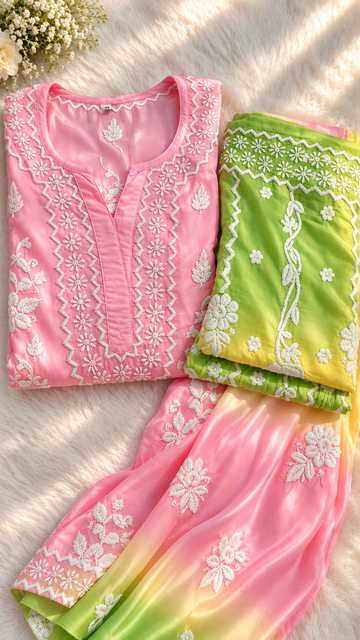 Azhel Rainbow chikankari  Premium Silk Co-ord Set Front Back Embroidery Special (Limited Edition)