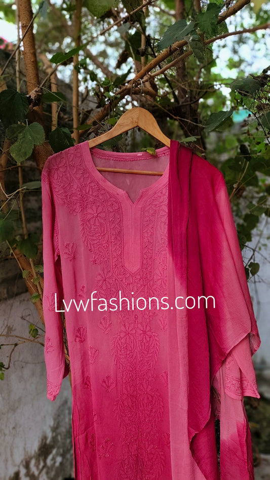 'Alfat' French Pink Ombre Premium Georgette Kurta Duptaa Set with Inner