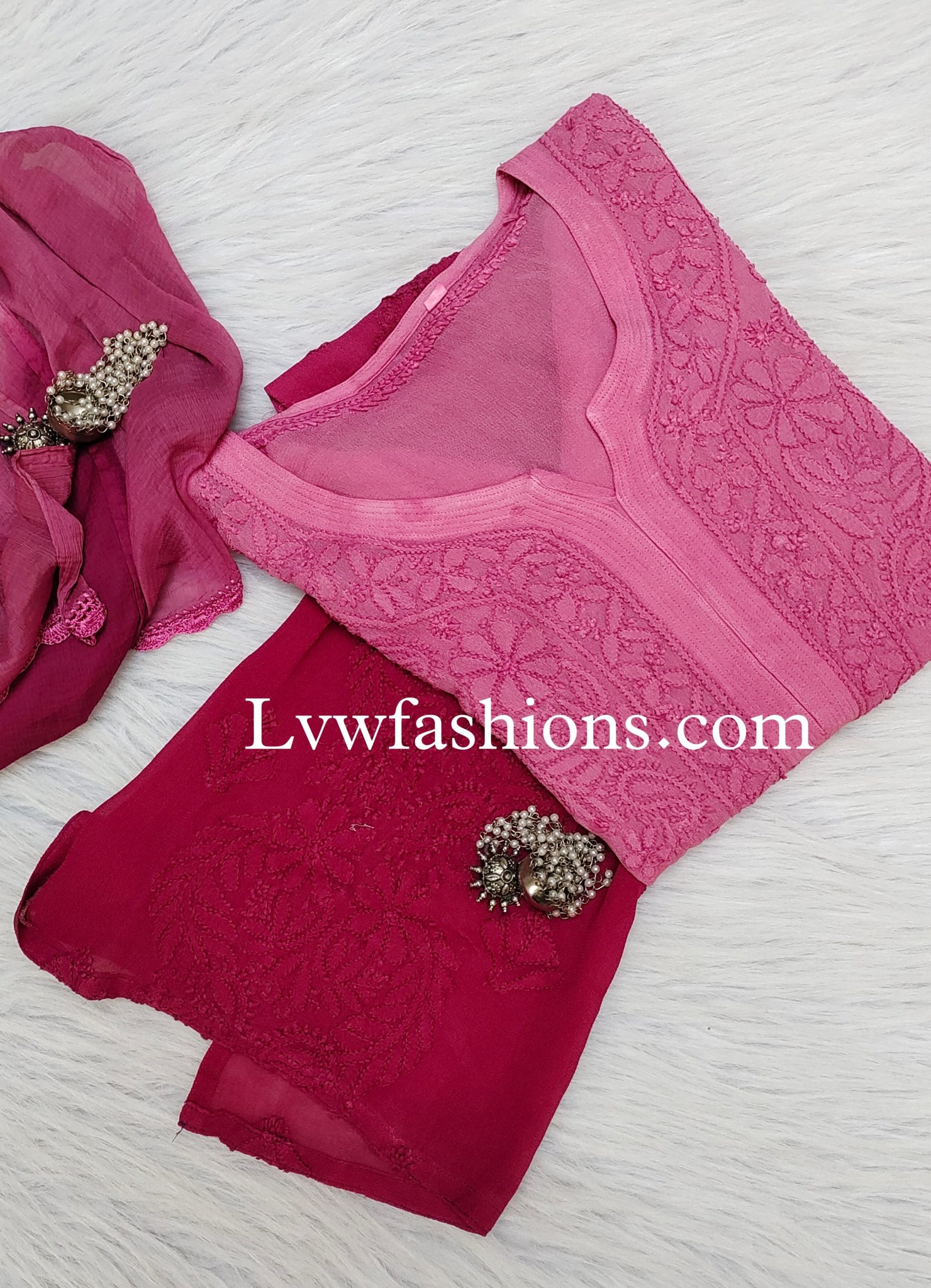 'Alfat' French Pink Ombre Premium Georgette Kurta Duptaa Set with Inner