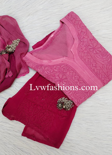 'Alfat' French Pink Ombre Premium Georgette Kurta Duptaa Set with Inner