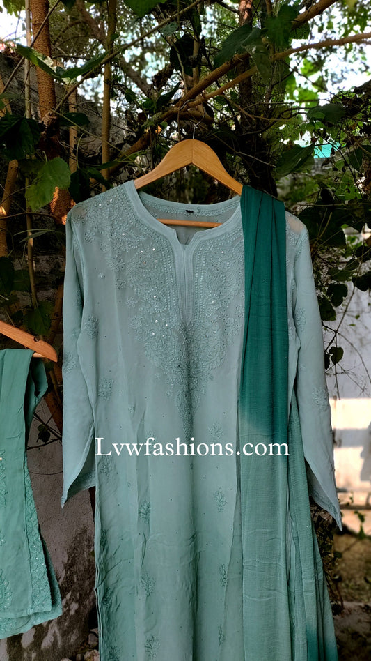 Myrtle Green Premium Georgette 3 Piece Set Of Chikankari & Kamdani