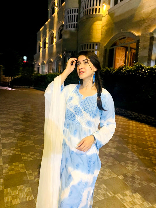 Cotton Chikankari Tie Dye Kurta Duptaa Set With Cotton Pant