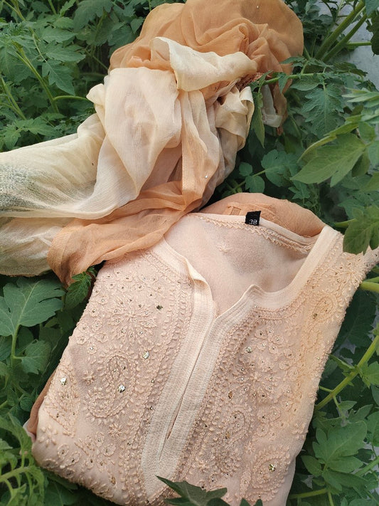 Powder Brown Premium Georgette Chikankari Kurta Dupatta