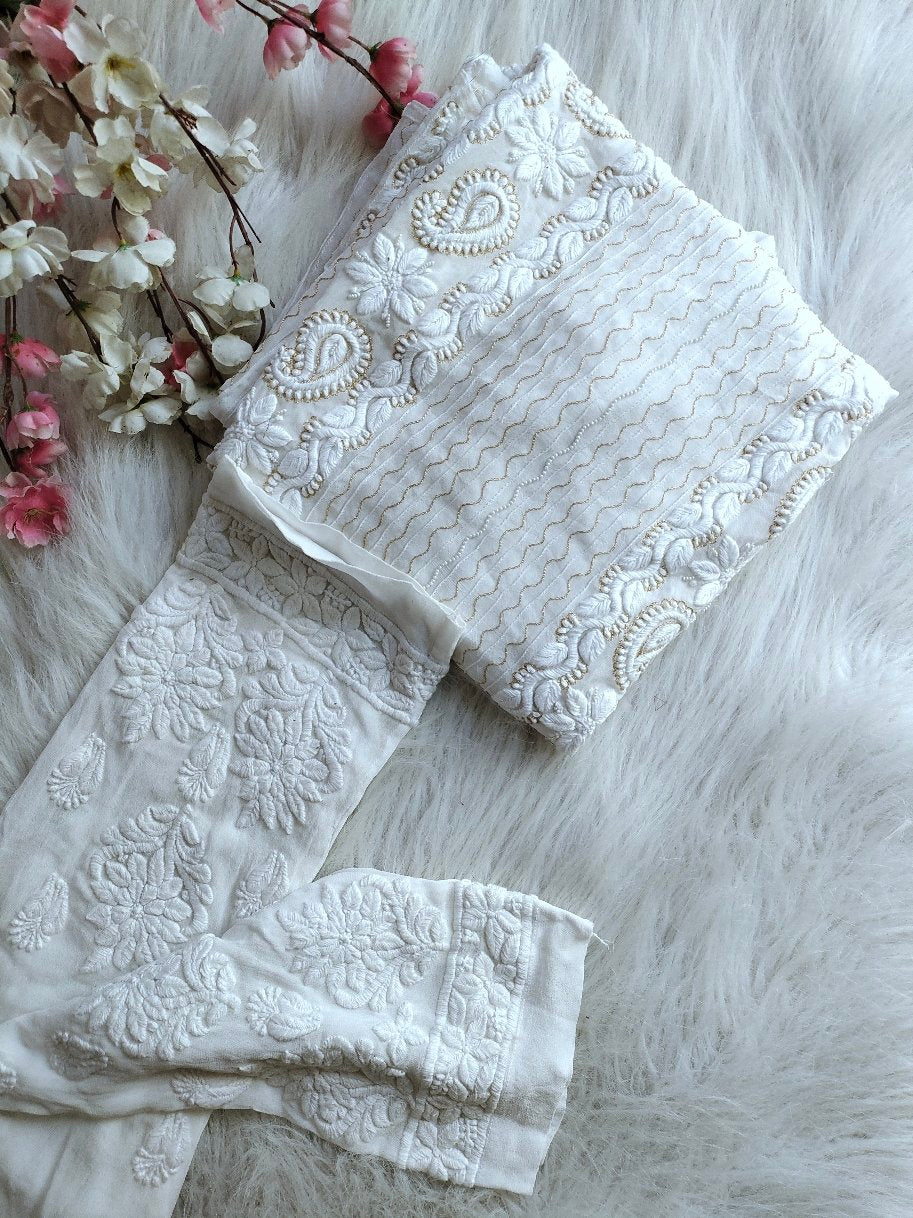 Luxurious Look Premium Georgette Chikankari Pearls Kasab Embroidery Kurta Set With Silk Slip