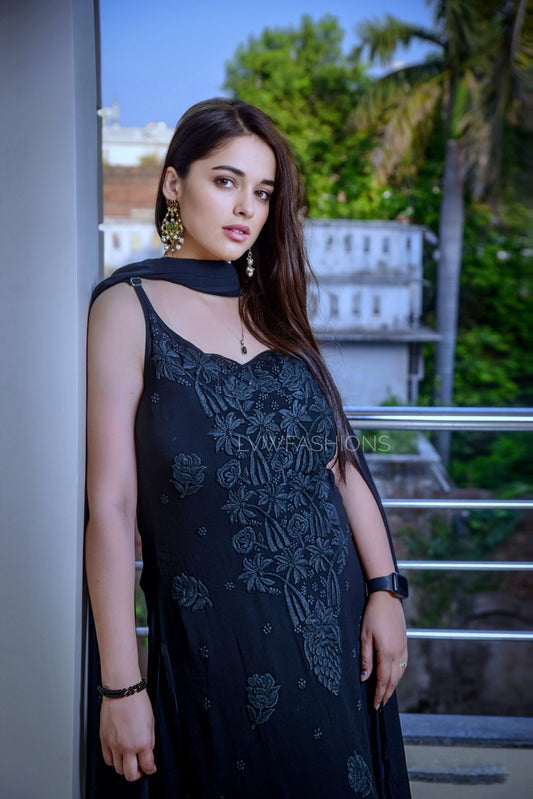 'KAJAL' Premium Georgette Tulip Black Chikankari Tunic Set