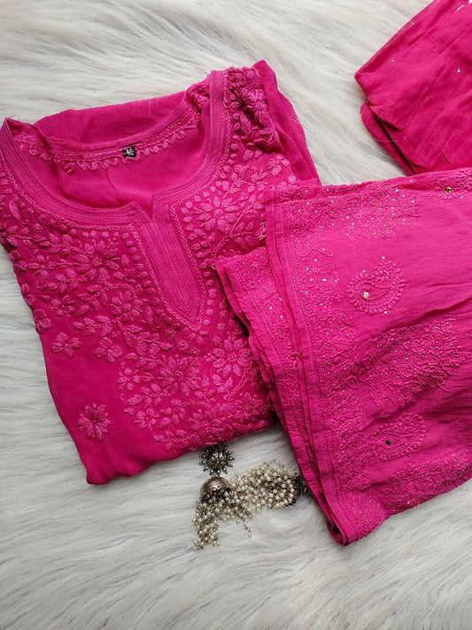 Premium Georgette Chikankari Gharara Kurti Set