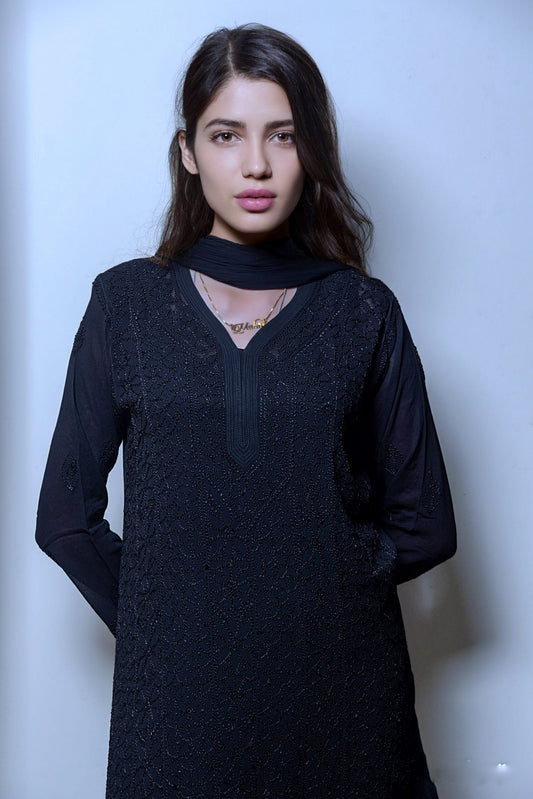 Beautiful Black Resham Embroidery Chikankari Kurta Set