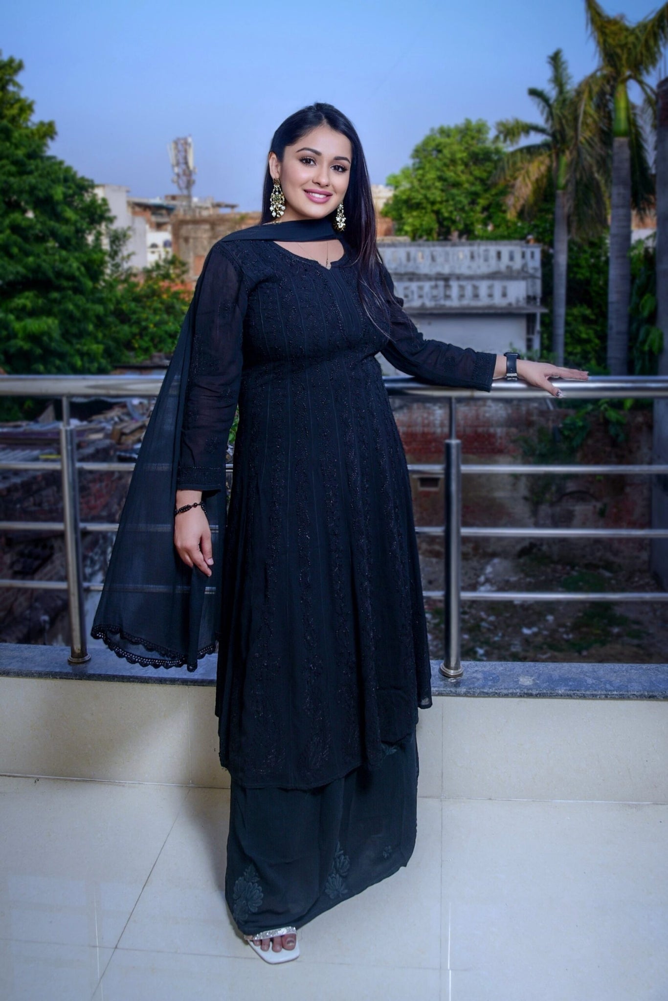 Beautiful  Black & White Chikankari Resham Embroidery Anarkali