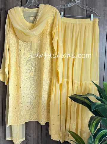 𝑰𝑵𝑨𝒀𝑨𝑻 Premium Georgette Gharara Chikankari Kurta Set