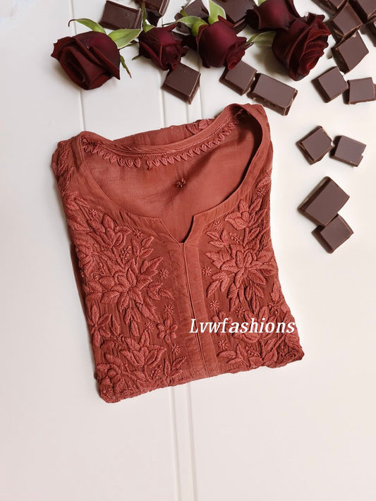 Mahira Silk Chocolate Premium Silk Chikankari Kurti With Inner