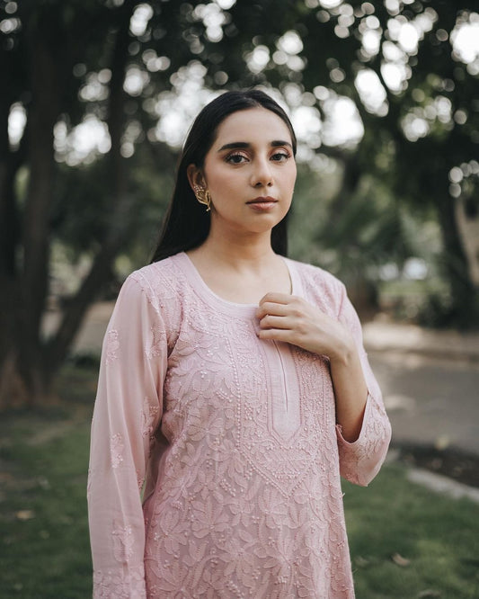 Powder Brown Premium Georgette Chikankari Co-Ord Set