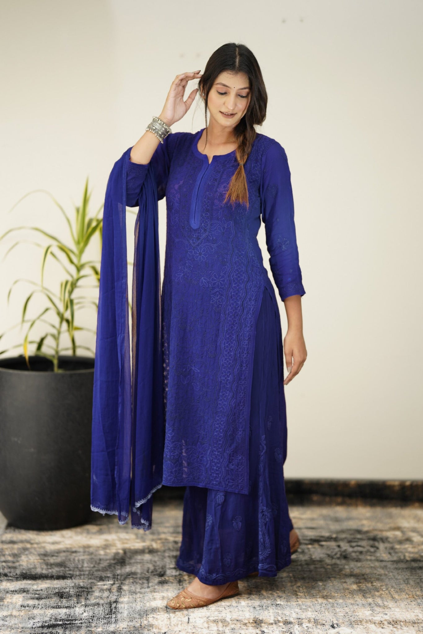 Zohra Indigo Premium Georgette Chikankari Sharara Set (Attractive Bottom Design)