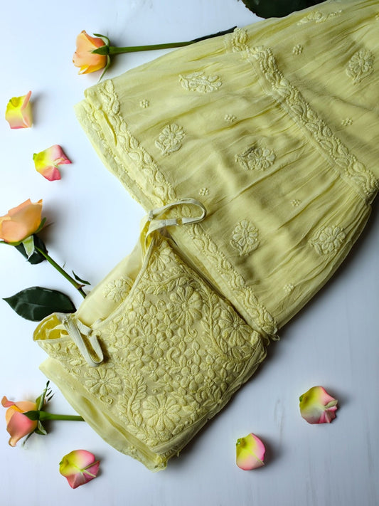 Tulip Lemon Yellow Premium Georgette Chikankari Gharara Set With Dupatta