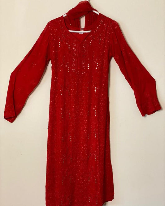 Laal ishq Premium Georgette Chikankari Kamdani Embroidery Suit Set
