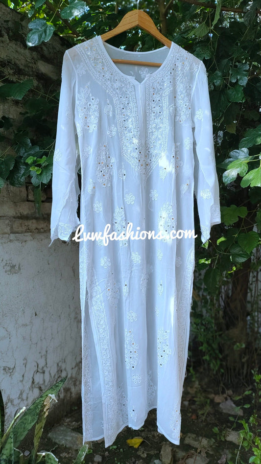 AREEBA White Premium Georgette Long Kurta With RESHAM Chikankari And Kamdani