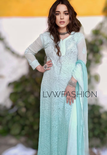 Premium Georgette Firozi Ombre Dyed 3 Piece Set