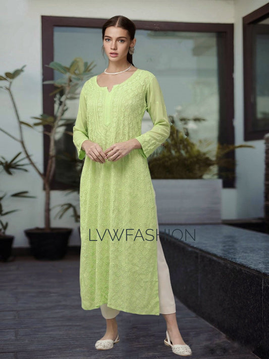 Premium Georgette Pista Green Long Kurta With Slip