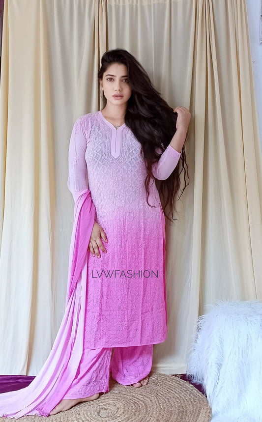 "Kasha" Premium Georgette Pinkish Ombre Effect 3 Piece Set