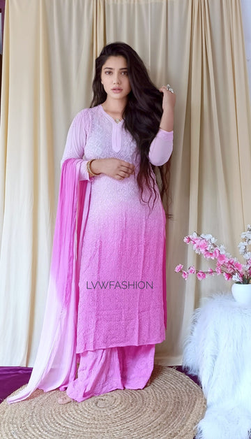"Kasha" Premium Georgette Pinkish Ombre Effect 3 Piece Set