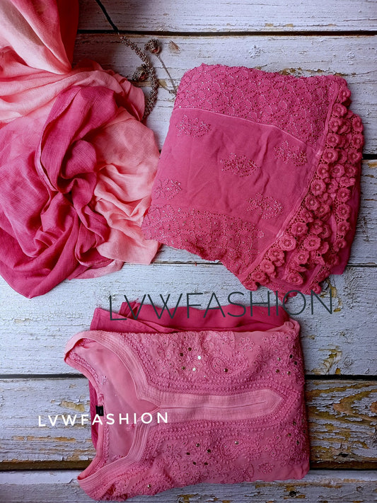 Premium Georgette Rose Pink 3 piece set