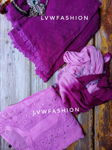 Premium Georgette Purple Ombre Dyed 3 Piece Set