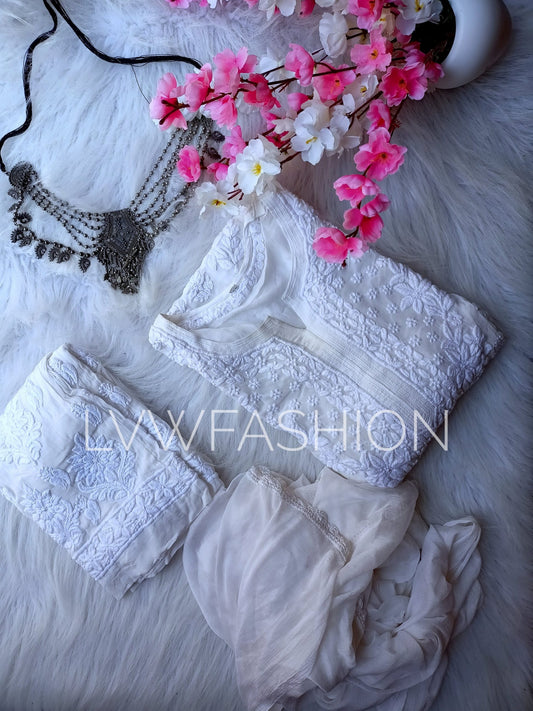 "Adya" Premium Georgette White Plazzos 3  piece Set