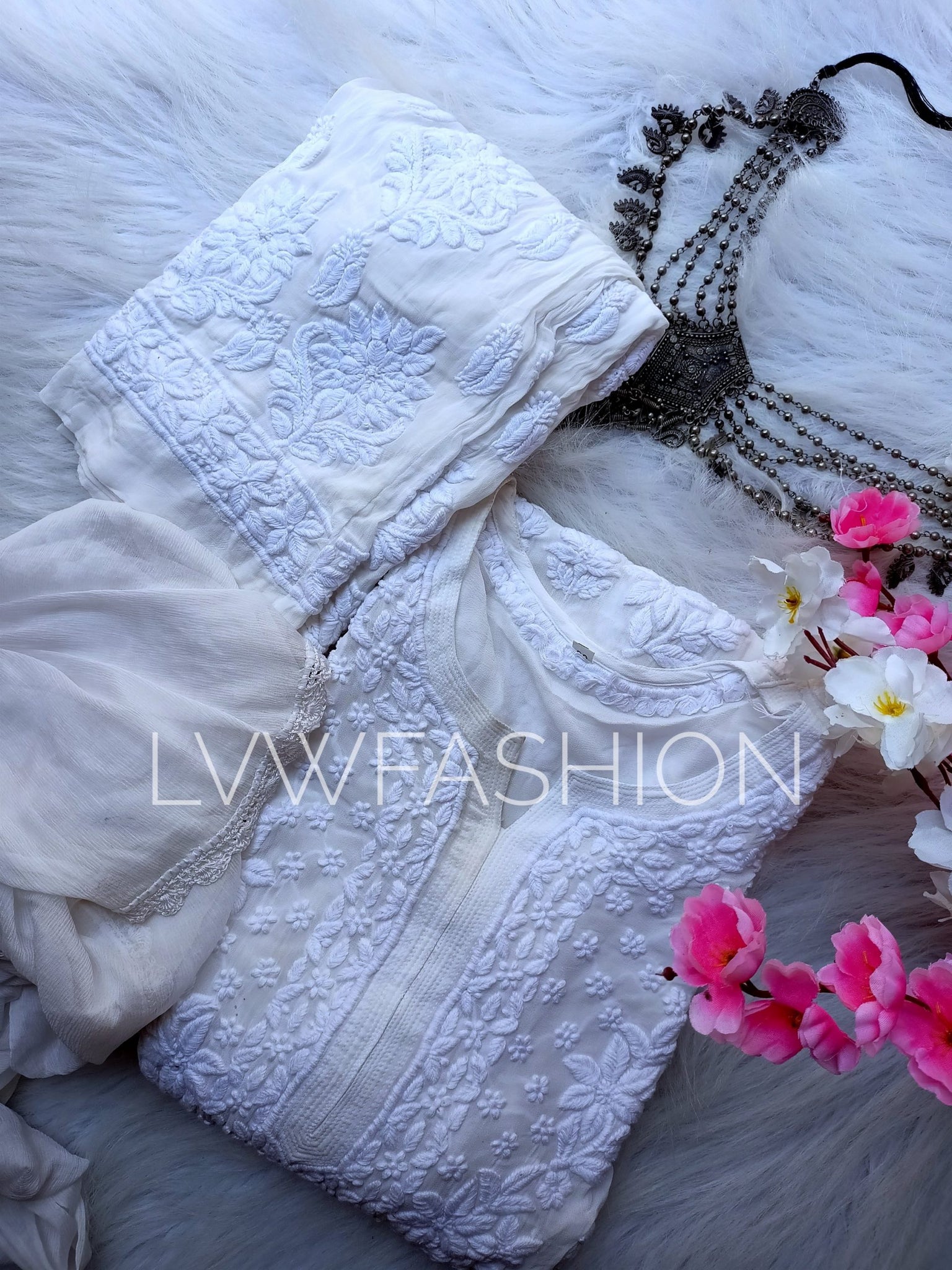 Luxurious Premium Georgette White 3 Piece Set