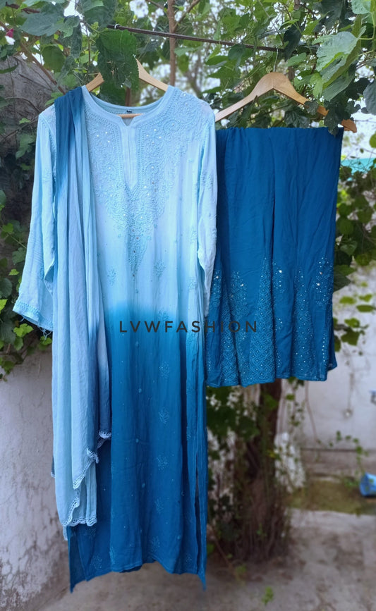 Christmas Blue Ombre Premium Georgette 3 Piece Set