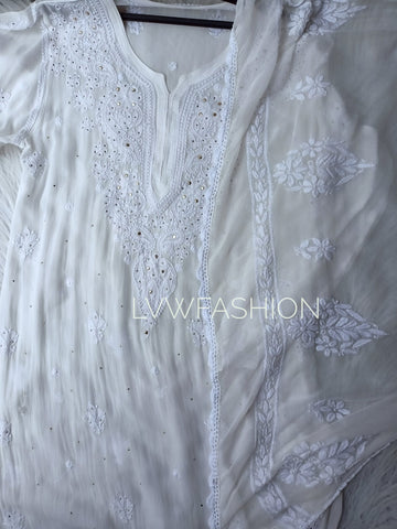 "Azara" Premium White Georgette Long Kurta With Adaya dupatta