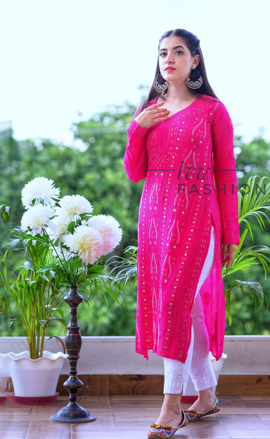 Hot Pink Premium Georgette Pearls & mirror kurta