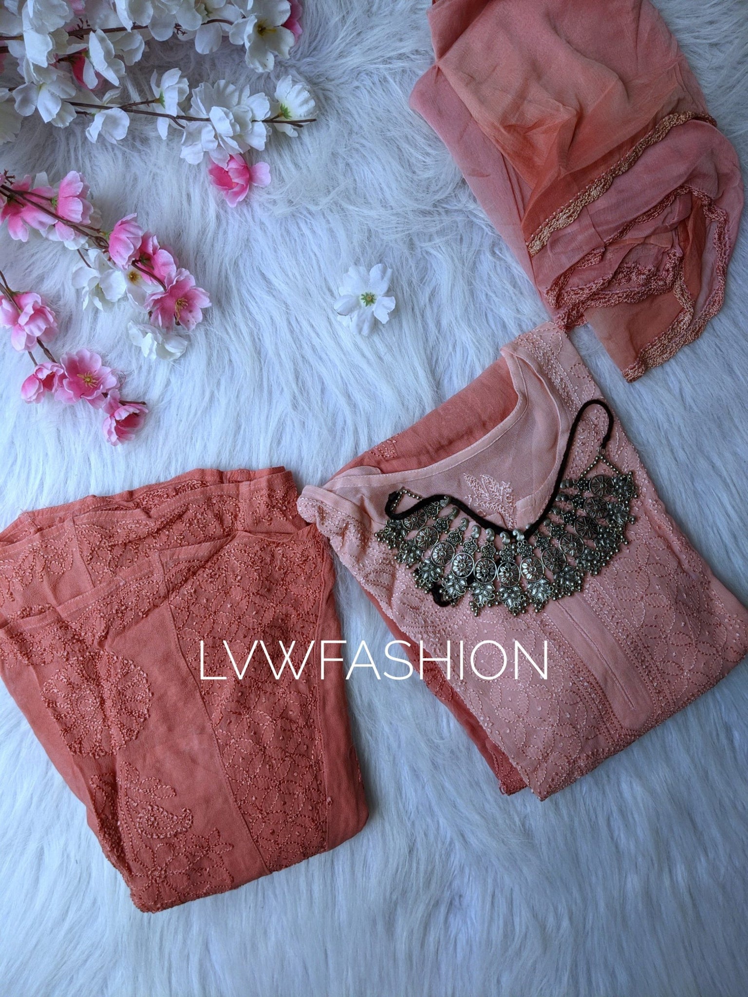 "Elham" Premium Georgette Rose Peach 3 Piece Set