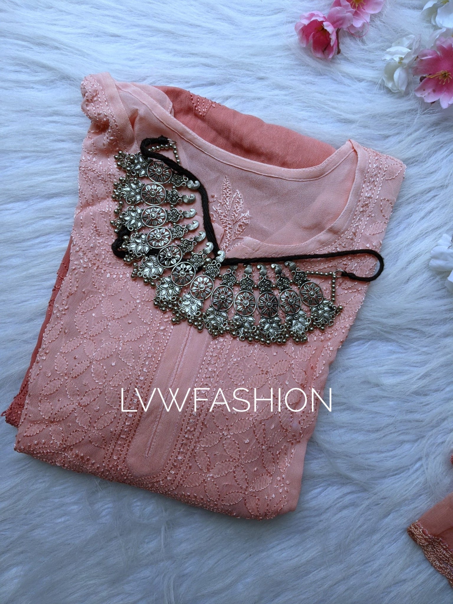 "Elham" Rose Peach Long Resham Thread Kurta With Slip