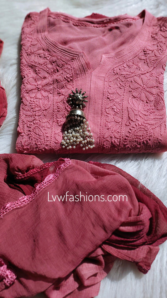 'Alfaat' Watermelon Red Premium Georgette 3 Piece Set