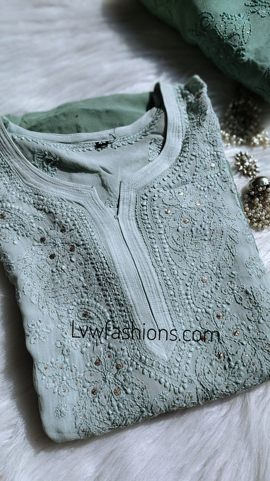 Myrtle Green Premium Georgette Kurta Duptaa Set Chikankari & Kamdani