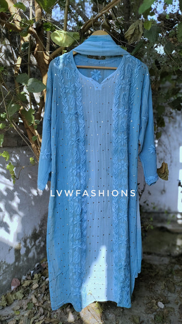 A F I Y A Premium Georgette Chikankari And Kamdani Kurta Duptaa Set with Silk Long Slip (Inner)