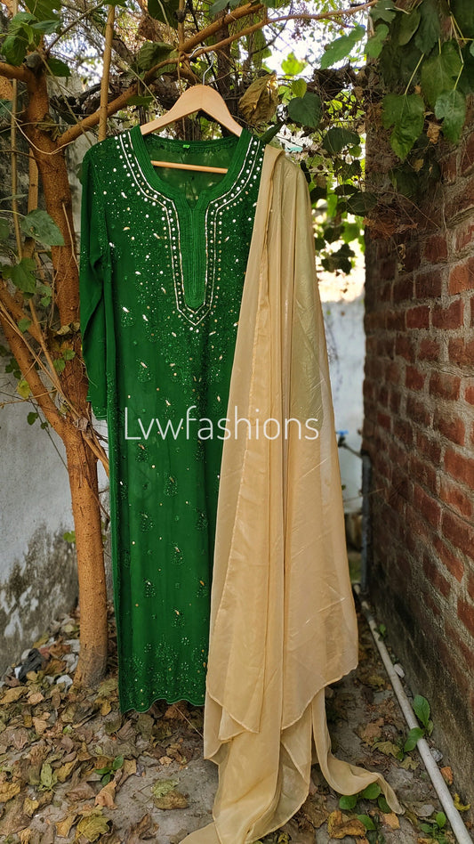 M E E R A Premium Georgette Resham Embroidery Chikankari Kurta Dupatta set With Silk Long Slip (Inner)