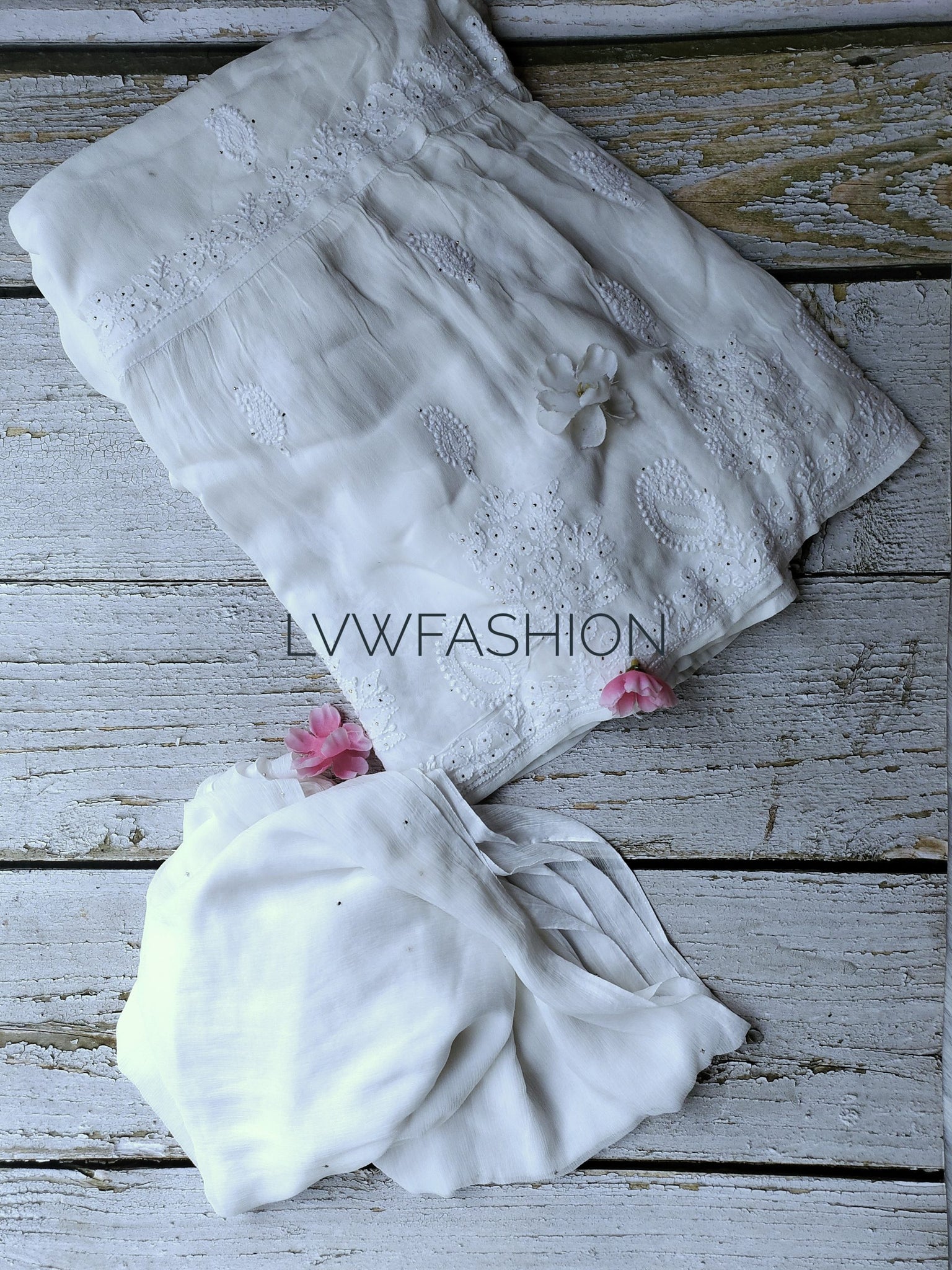 Premium Georgette Gharara Duptaa Set Chikankari & Kamdani