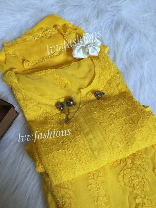 Premium Yellow Georgette 3 piece Set With Inner Include