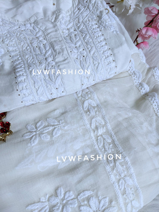 "Eve" White Muslin kurta set With Embroidery Dupatta
