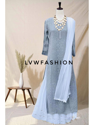 Premium Gray Georgette Kurta Duptta Set With Kamdani