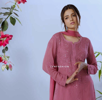 Beautiful Premium Georgette Rose Pink Kurta Duptta