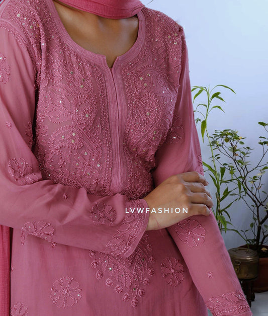 Beautiful Premium Georgette Rose Pink Kurta Duptta
