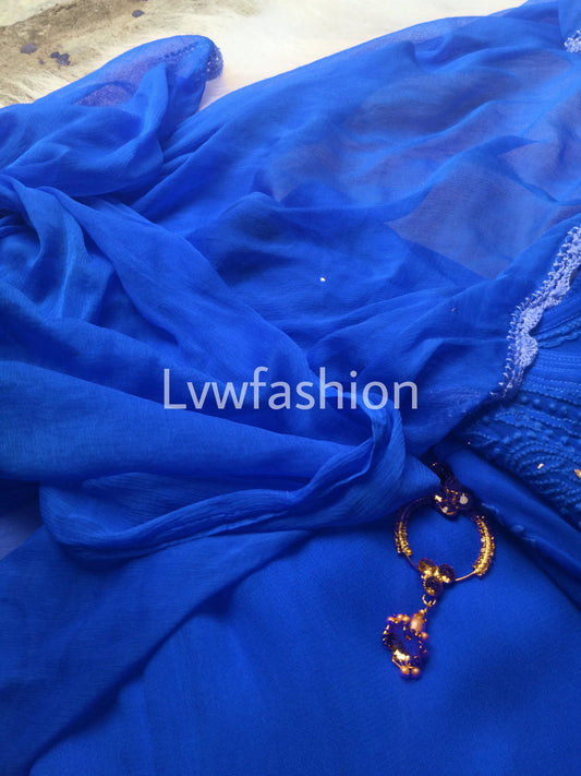 Premium Georgette BLUE 3 Piece set With Slip