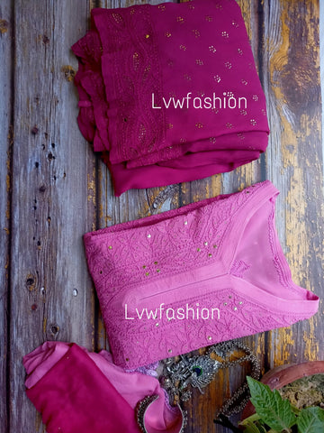 French Plum Ombre Dyed Premium Georgette 3 piece set