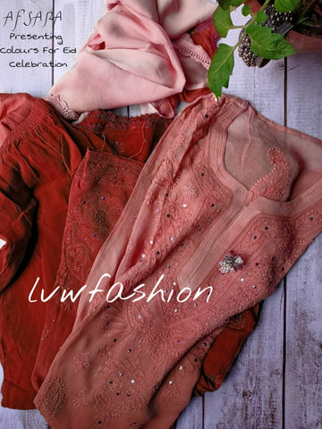AFSANA Maroon Ombre Dyed 3 Piece Set