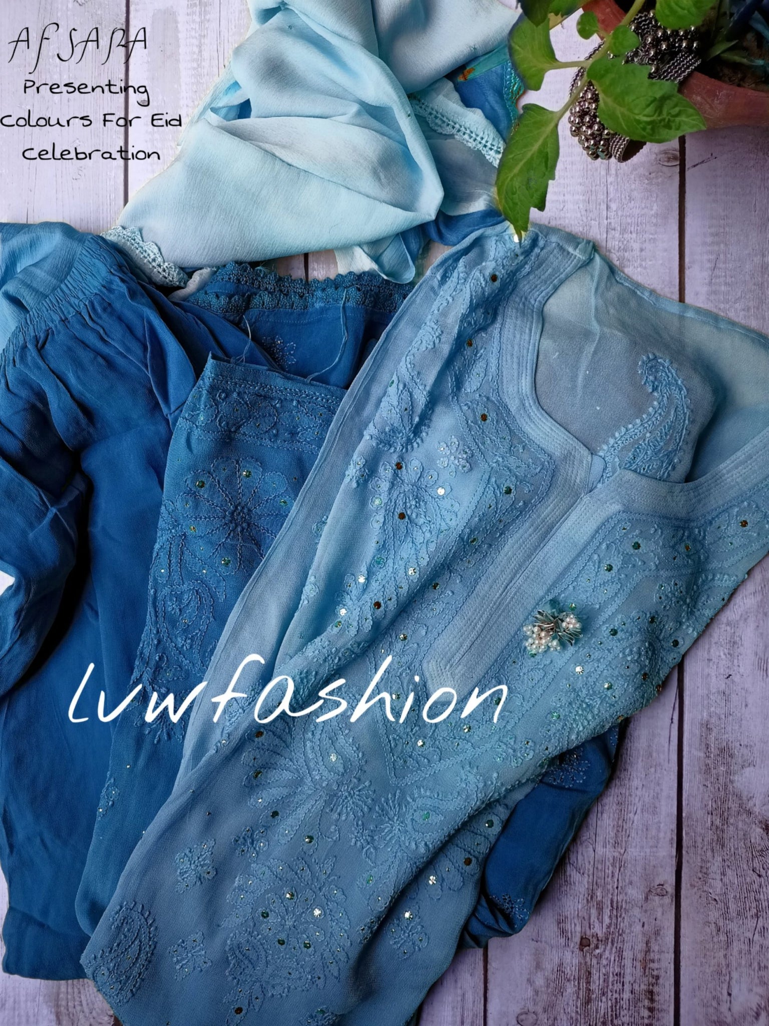 AFSANA Blue Premium Georgette Ombre Dyed 3 Piece Set