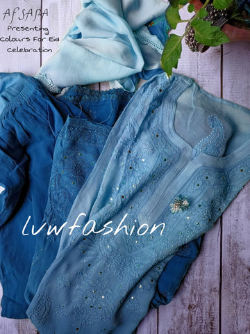AFSANA Blue Premium Georgette Ombre Dyed 3 Piece Set