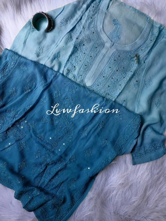 AFSANA Blue Premium Georgette Ombre Dyed 3 Piece Set