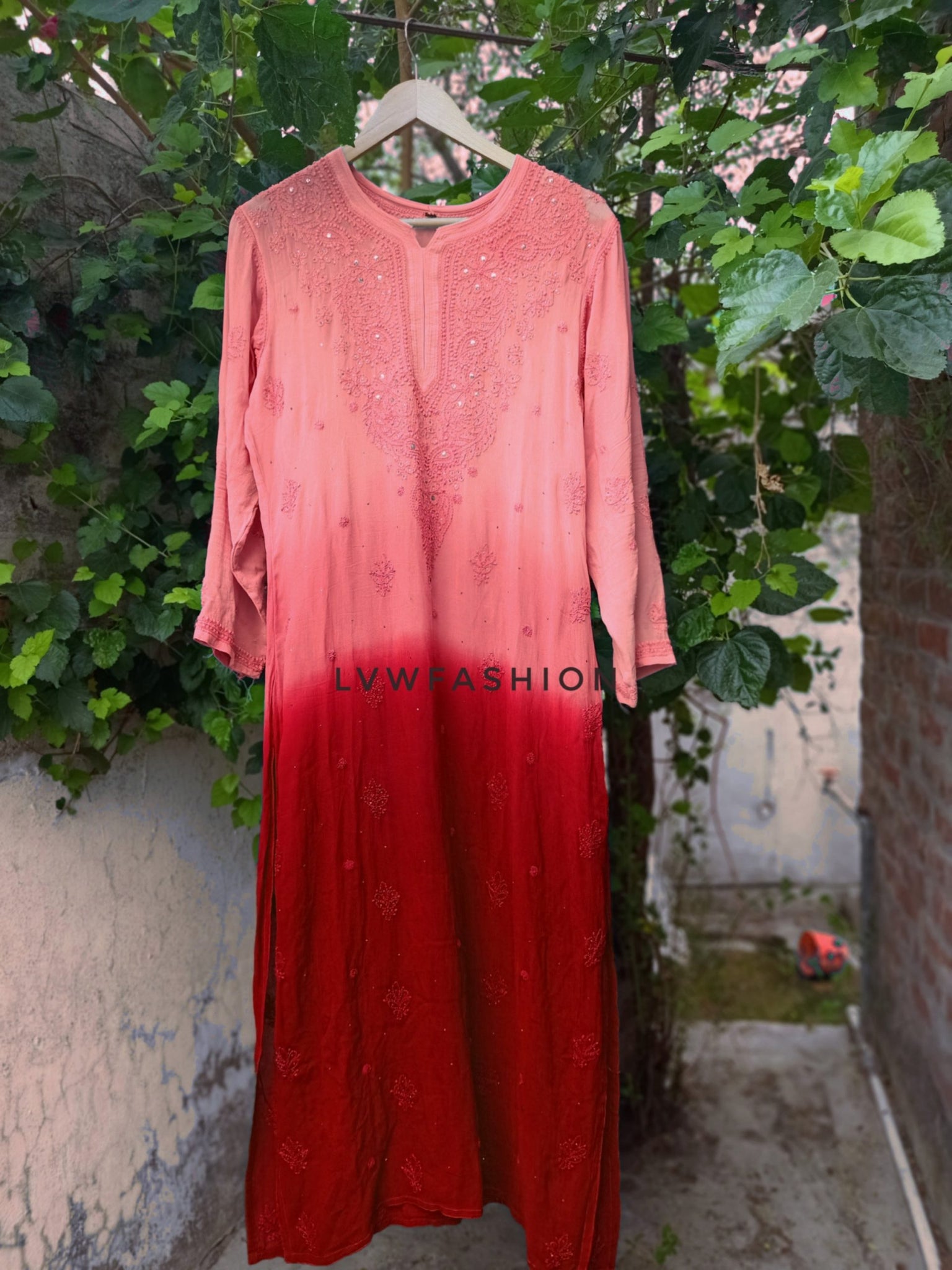 Ruby Red Premium Georgette Ombre Shaded Kurta With Slip