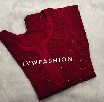 Premium Deep Red Chikankari & Mukaish Kurta